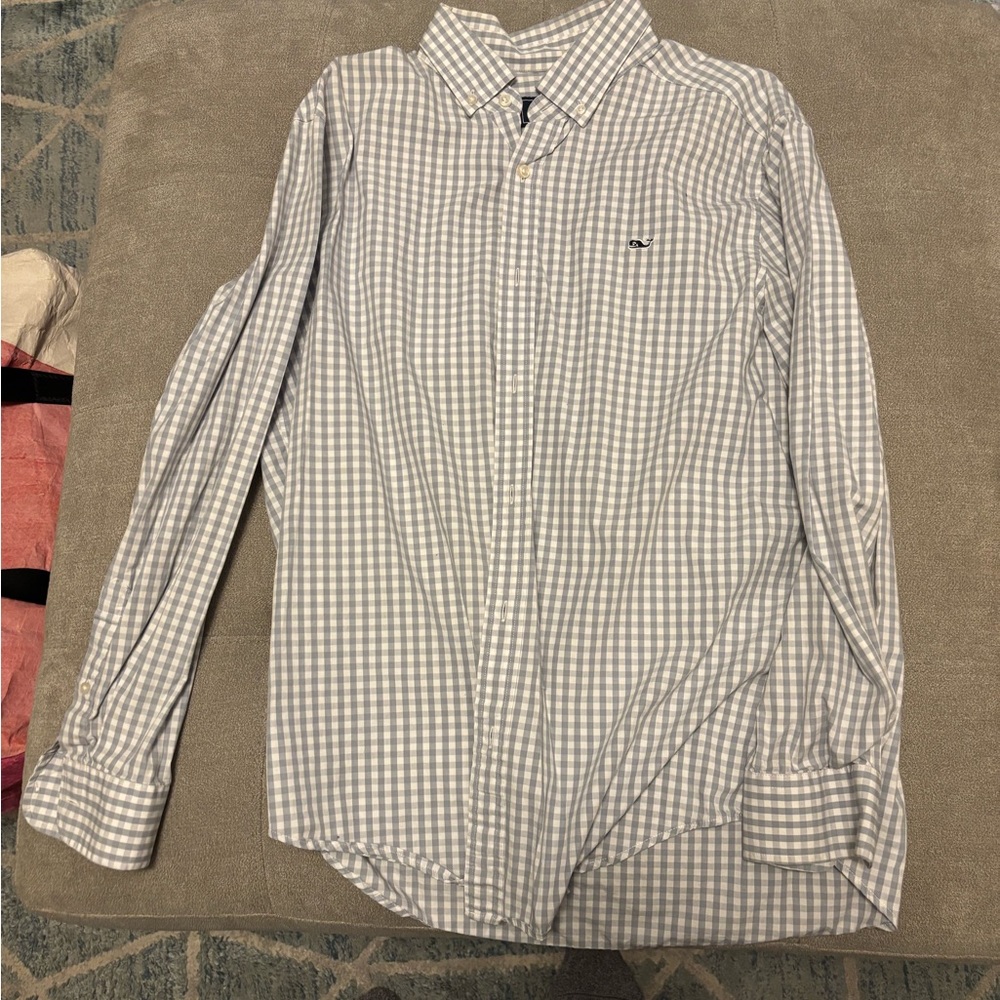 Vineyard Vines Gray and White Dress Shirt with Checkered Pattern